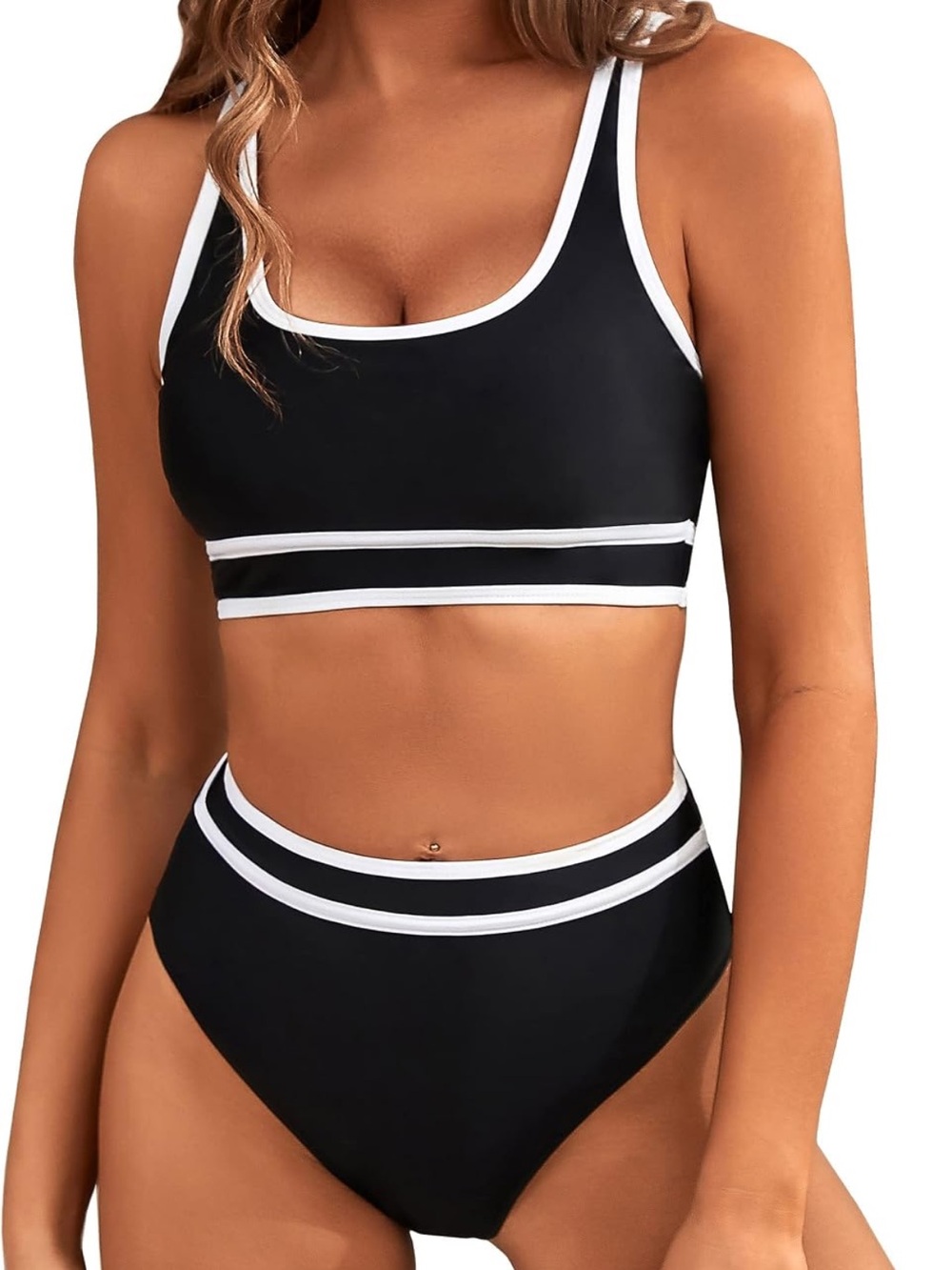 Black Contrast-Trim High-Waist Bikini Set - Women Swim